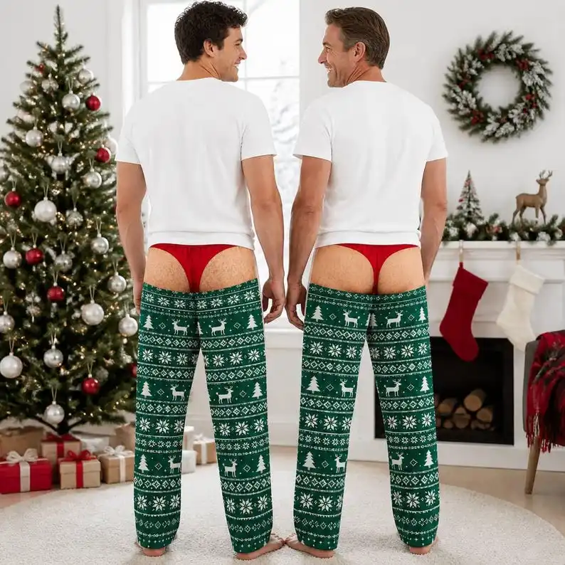 Funny Men Christmas Pajama Pants Fair Isle Snowflake Candy Cane Wreath Print Fake Thong Loose Trousers Xmas Holiday Bachelor