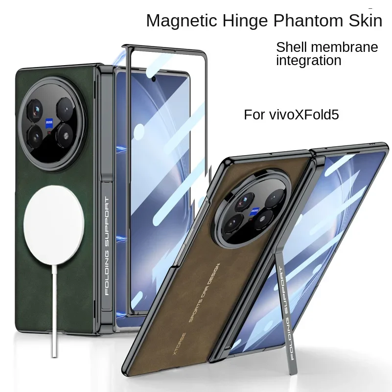 

Vintage Leather Plated Gold Bezel Hinge Bracket Holder Built-in Magnetic Ring Case for VIVO X Fold 5 fold5 Camera Protect Cover