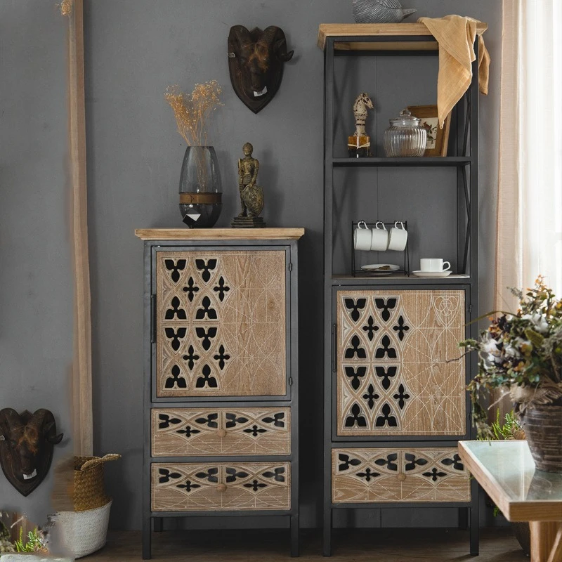 Retro hollow carved TV cabinet coffee table B & B complete set of old living room side cabinet