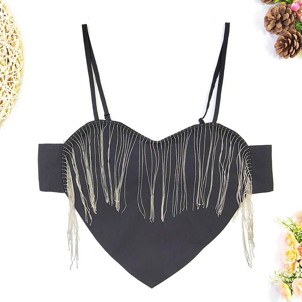 French Style Bustier Camisole - Fringe Strap Backless Heart Shape Teddy Lingerie for Women (No Cups, Show Performance)