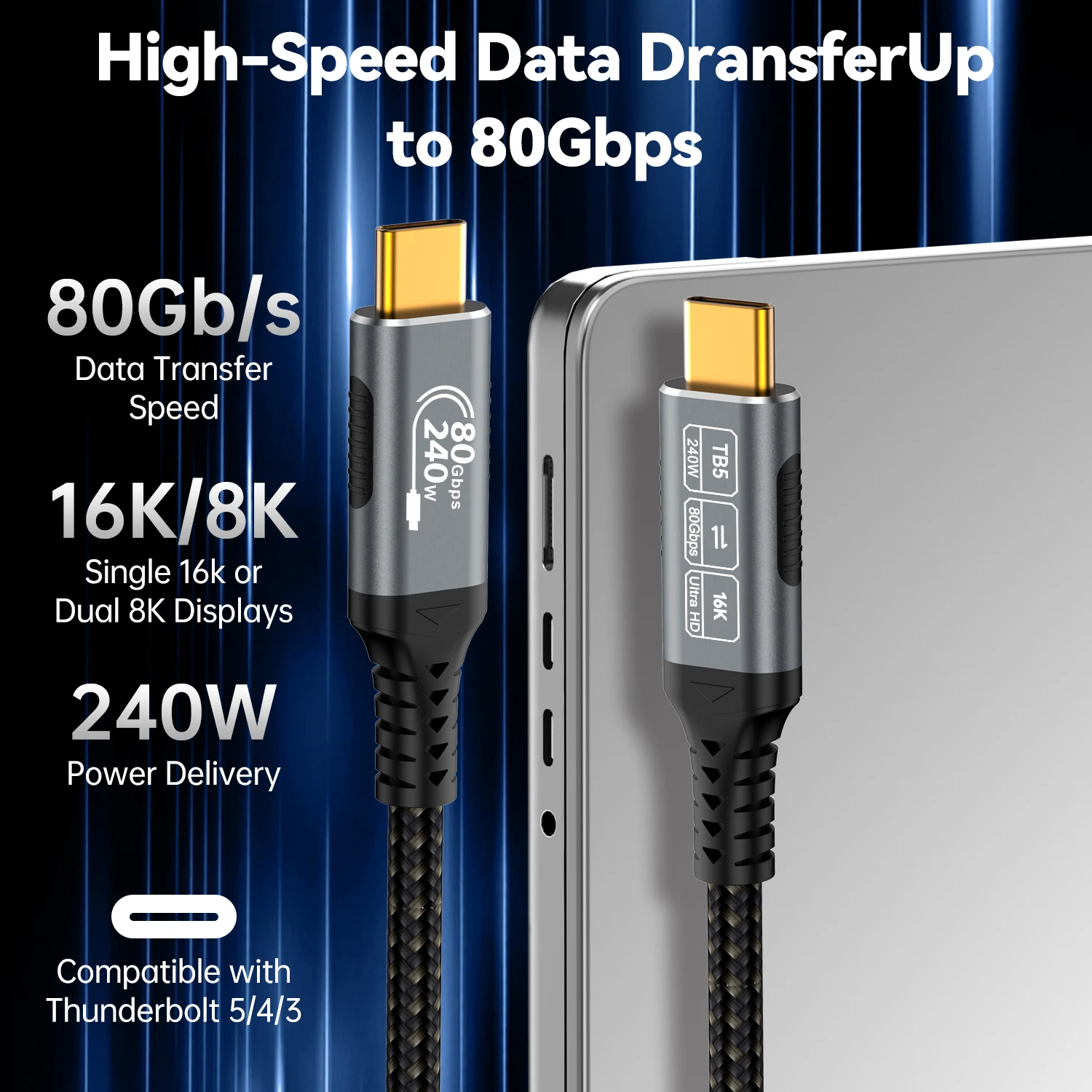 CableDeconn USB 4.0-Verlängerung Thunderbolt 5 80 Gbit/s USB C 240 W 16 K Schnelllade-Videokabel Schnelle Datenspeicherung für USB-C-Monitor