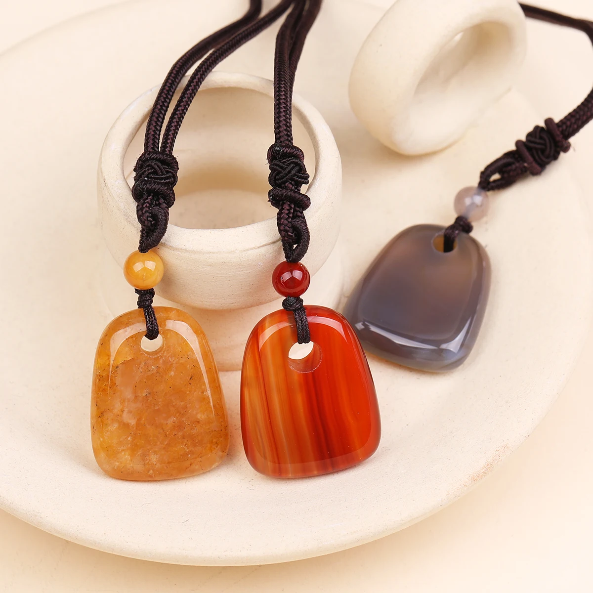 

Natural Crystal Trapezoid Stone Pendant Necklace for Women Amethyst Rose Quartz Lapis Lazuli Vintage Adjustable Cord Men Jewelry