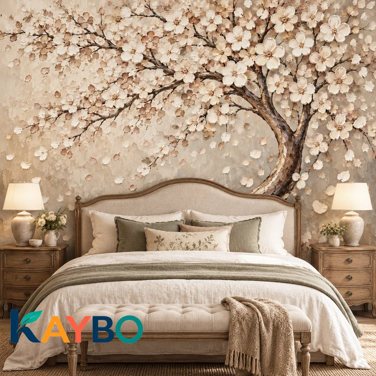 Cherry Blossom Wallpaper Mural Cream Beige Floral Tree Oil Painting Vintage Wall Decor for Living Room Bedroom Non Self Adhesive