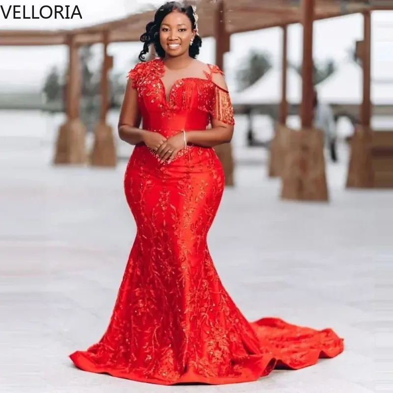 

Роскошные красные вечерние платья русалки с бисером и кружевом с иллюзией и короткими рукавами, милое вечернее платье для выпускного вечера Aso Ebi, свадебные платья на заказ