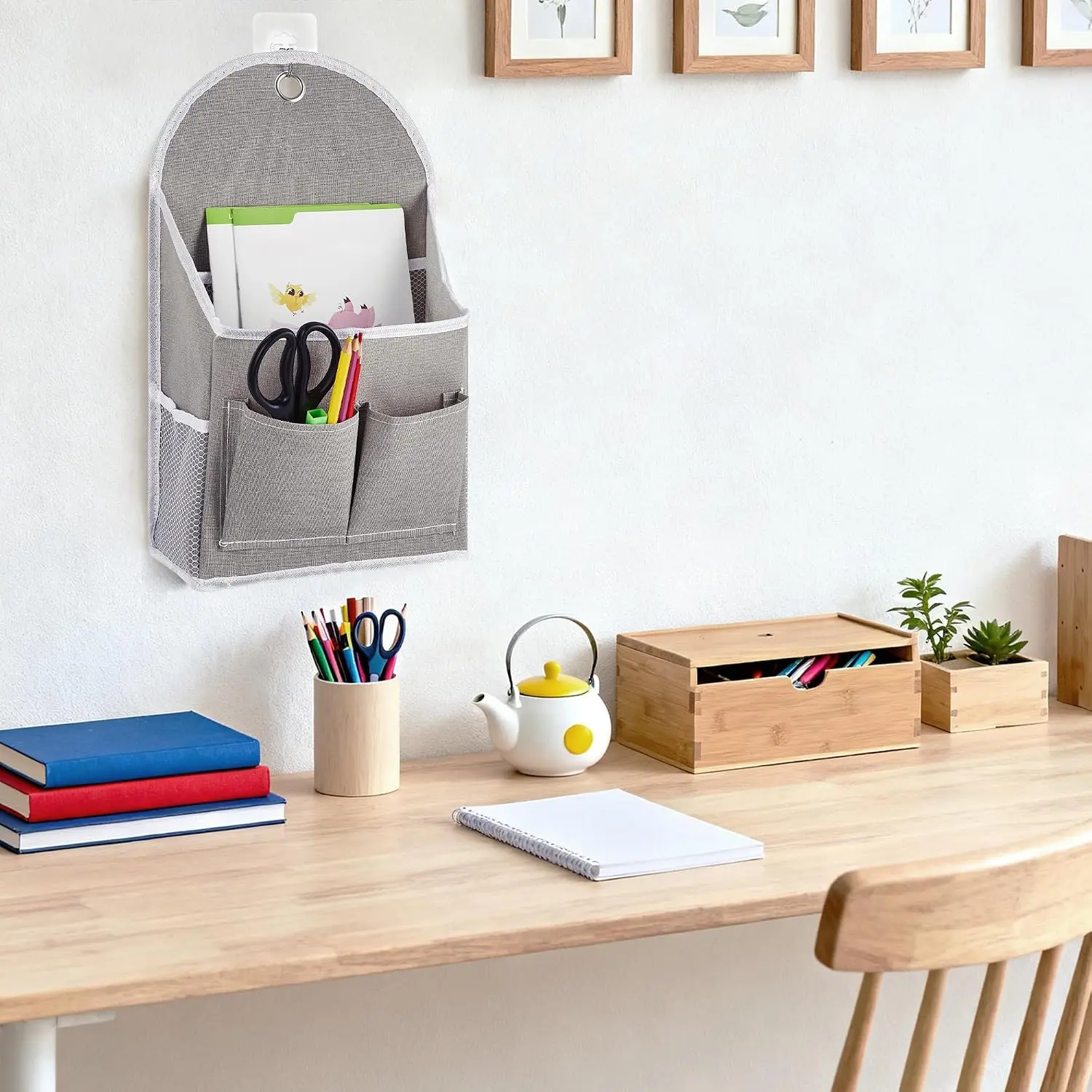 Space-Saving Wall Hanging Organizer Bags - Cotton Linen, Waterproof, Metal Grommet Hooks, Mesh Front & Side Pockets - Closet Storage Solution - 4-Pack, Gray, 23x9x40cm