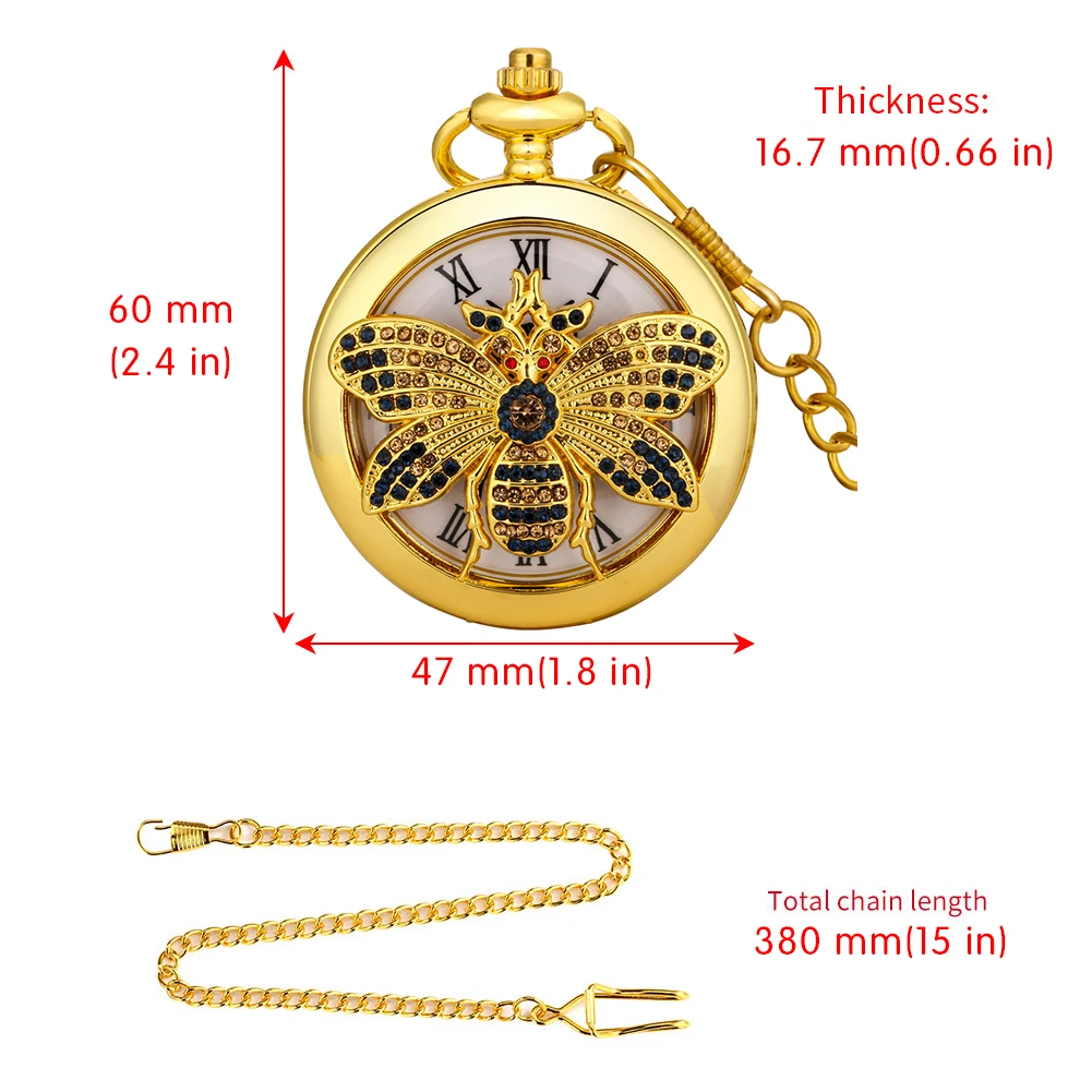 Reloj de bolsillo dorado de lujo con incrustaciones de diamantes de abeja, reloj de cuarzo, collar encantador, suéter, cadena colgante, relojes de abeja