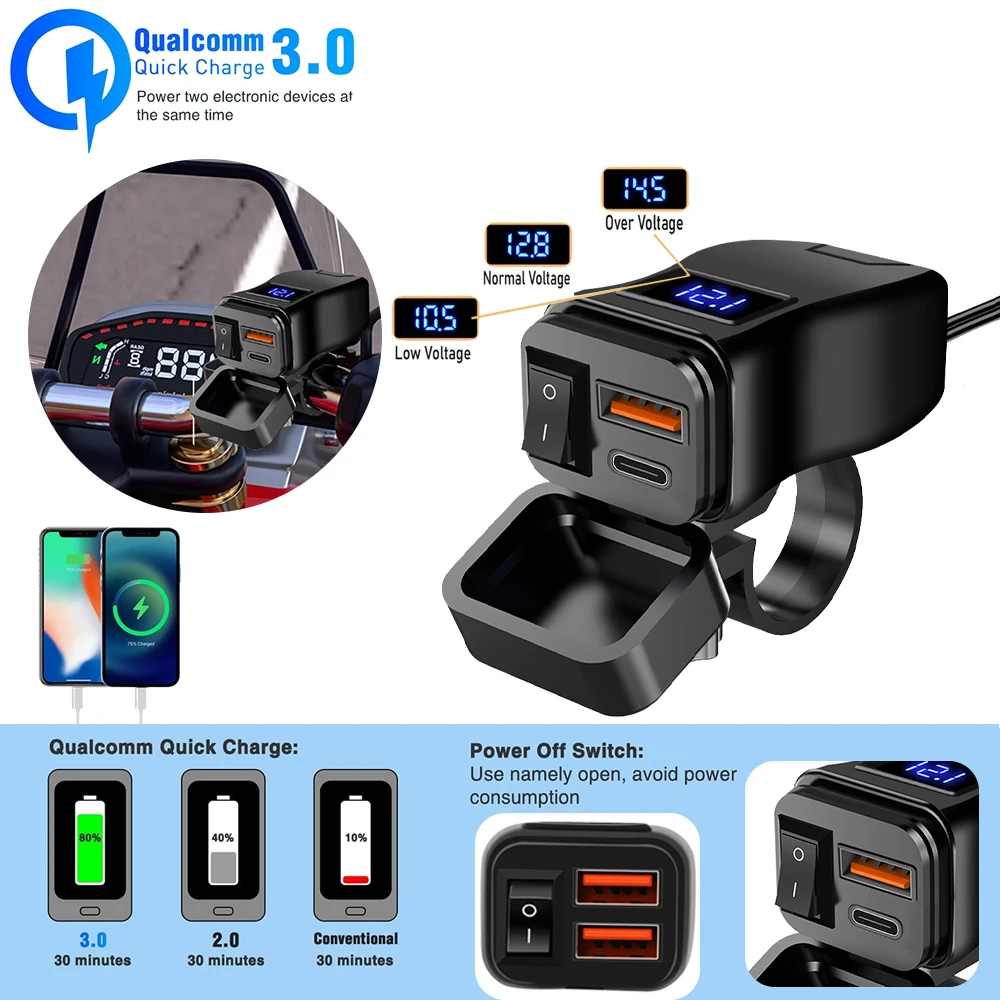 PD QC3.0 Motocyklowa szybka ładowarka komórkowa USB Wodoodporne złącze wtykowe portu typu C z komórkowym woltomierzem cyfrowym