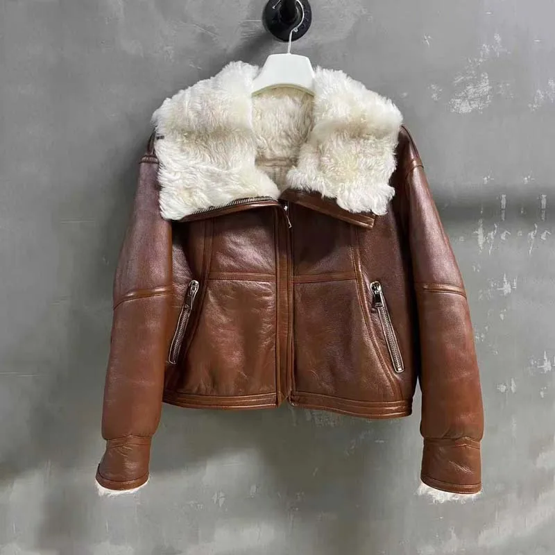 

natural real sheep fur coat winter thick warm turn-down collar short length inside real wool Whole skin