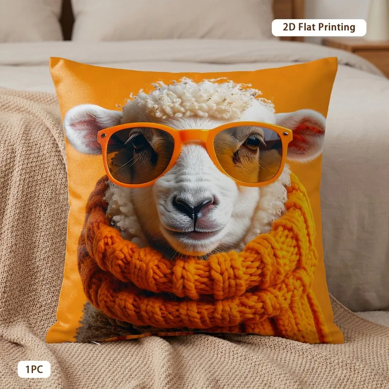 Cool Stylish Sheep Throw Pillow Cover Cute Sheep with Sunglasses and Knit Scarf Print Cushion Case for Funky  Home Decor  Couch