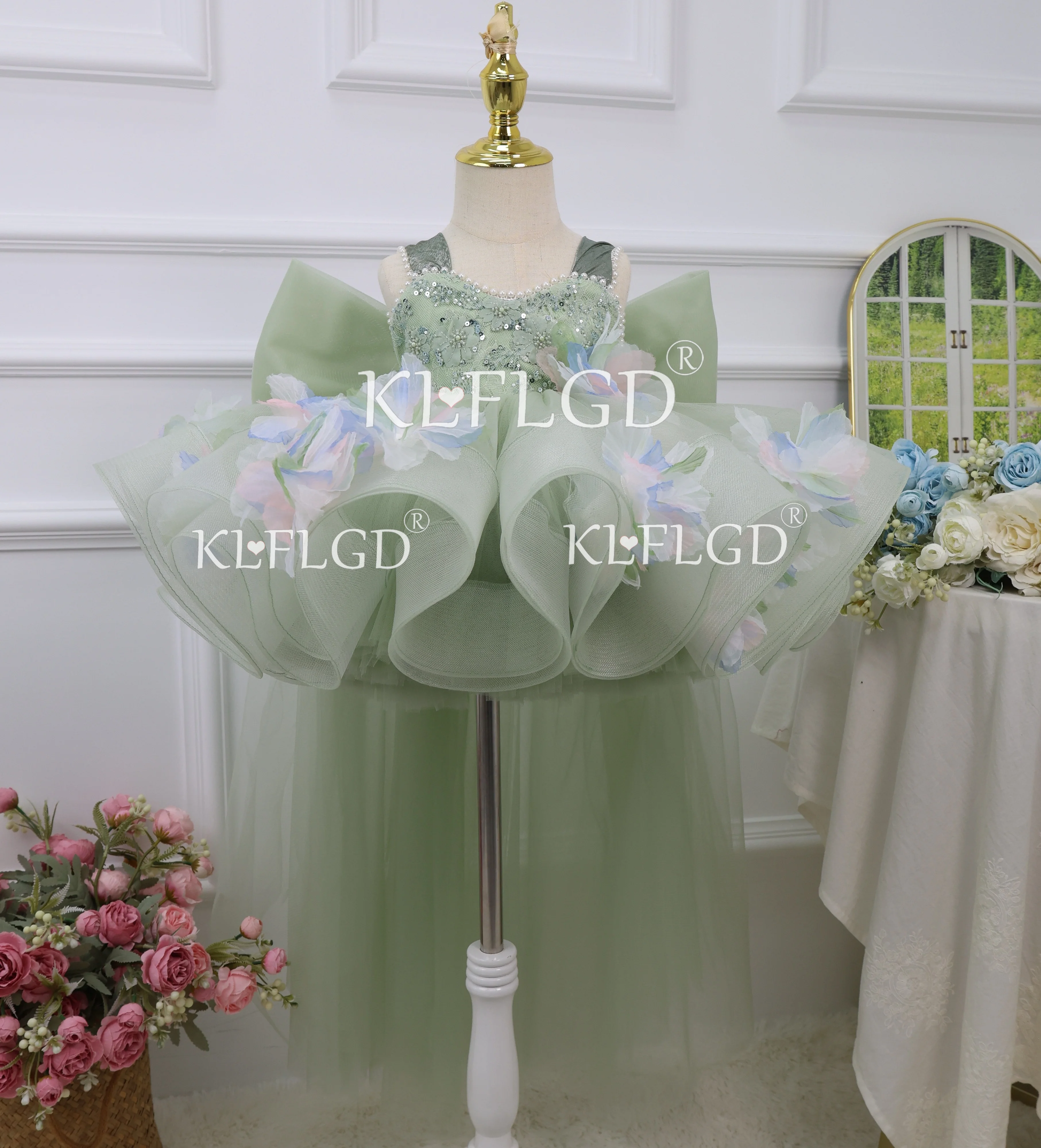 

Легкое, роскошное и элегантное летнее платье для девочек, зеленое тюлевое платье-смокинг с хвостом, вечернее платье для танцевальных вечеринок, детское платье для конкурсов красоты