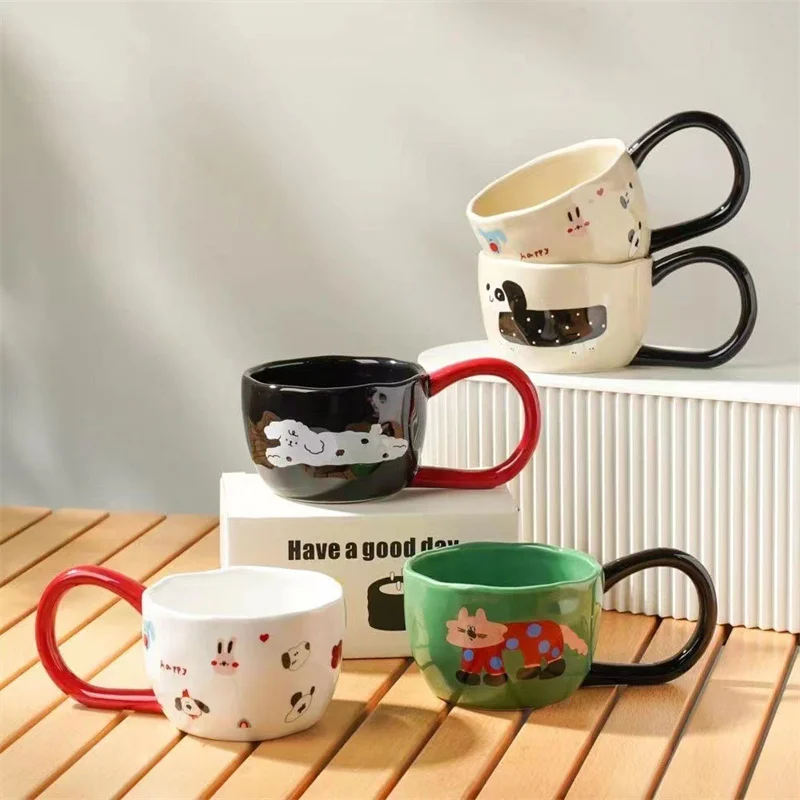 Cute Cartoon Large Handle Ceramic Mug Hand Pinched Irregular Coffee Cups Afternoon Tea Milk Juice Cup Home Office Water Cup