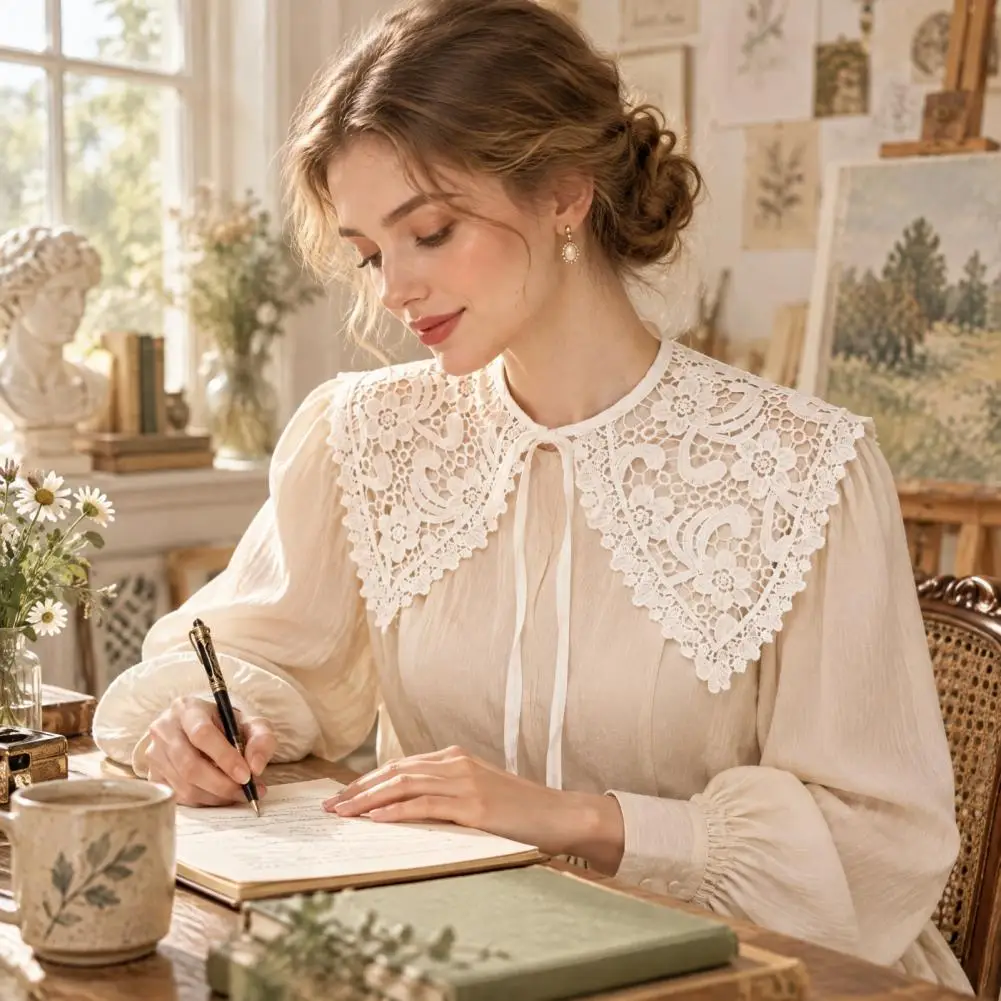 White Lace Collar for Dresses Vintage Lace Detachable False Collar Floral Hollow Lapel Choker Necklace Adjustable for Women