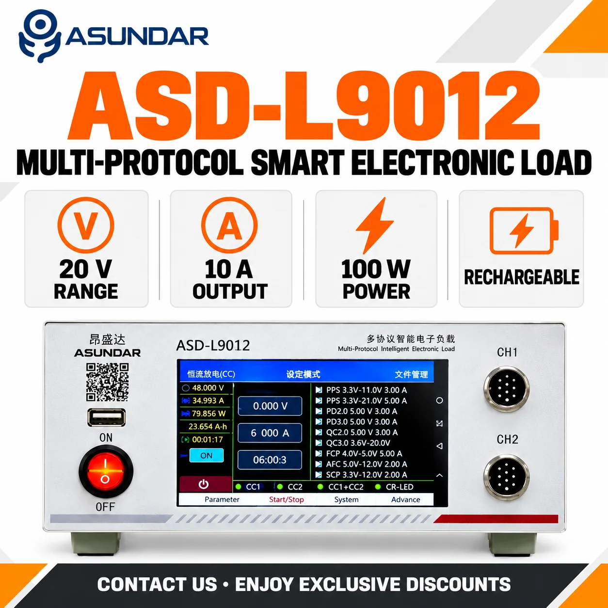 ASUNDAR ASD-PD9012 ASD-PD9012A ASD-L9012 Bidirectional Fast Charge Power Supply & Electronic Load, PD3.0/3.1, QC, Auto Test