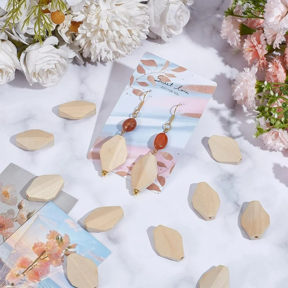 50개입 나무 팔각형 비즈 1.1x0.8 인치 미완성 목재 블록 페인트된 목재 비즈 3mm 구멍 팔찌용 보석