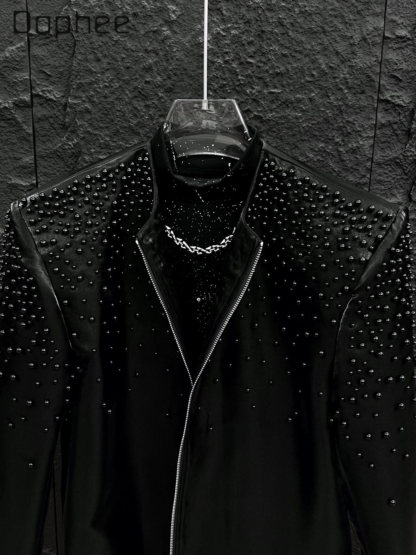 Pearl Patchwork Short Jackets for Men Handsome Trendy High-end Fashion Heavy Industry Beading Round Neck Loose Men Clothing