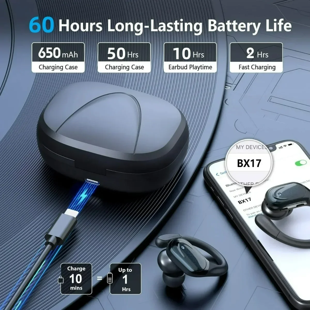 2027 New QCY Wireless Earbuds Sport 5.3 Headphones with Noise Cancelling Mic 75H HiFi Stereo Over Ear Bud LED Display USB-C IPX6 view 4