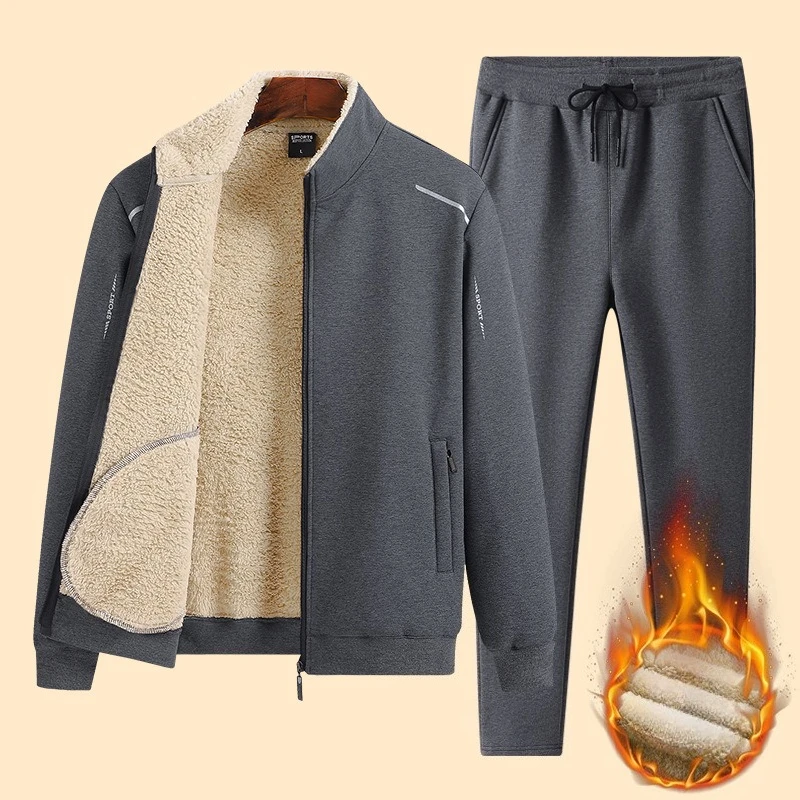 2026 Winter Sports Men Running Sets Fleece Sweatshirt+Sweatpants Suit Mens 2 Pieces Sets Workout Jogging Tracksuit Male