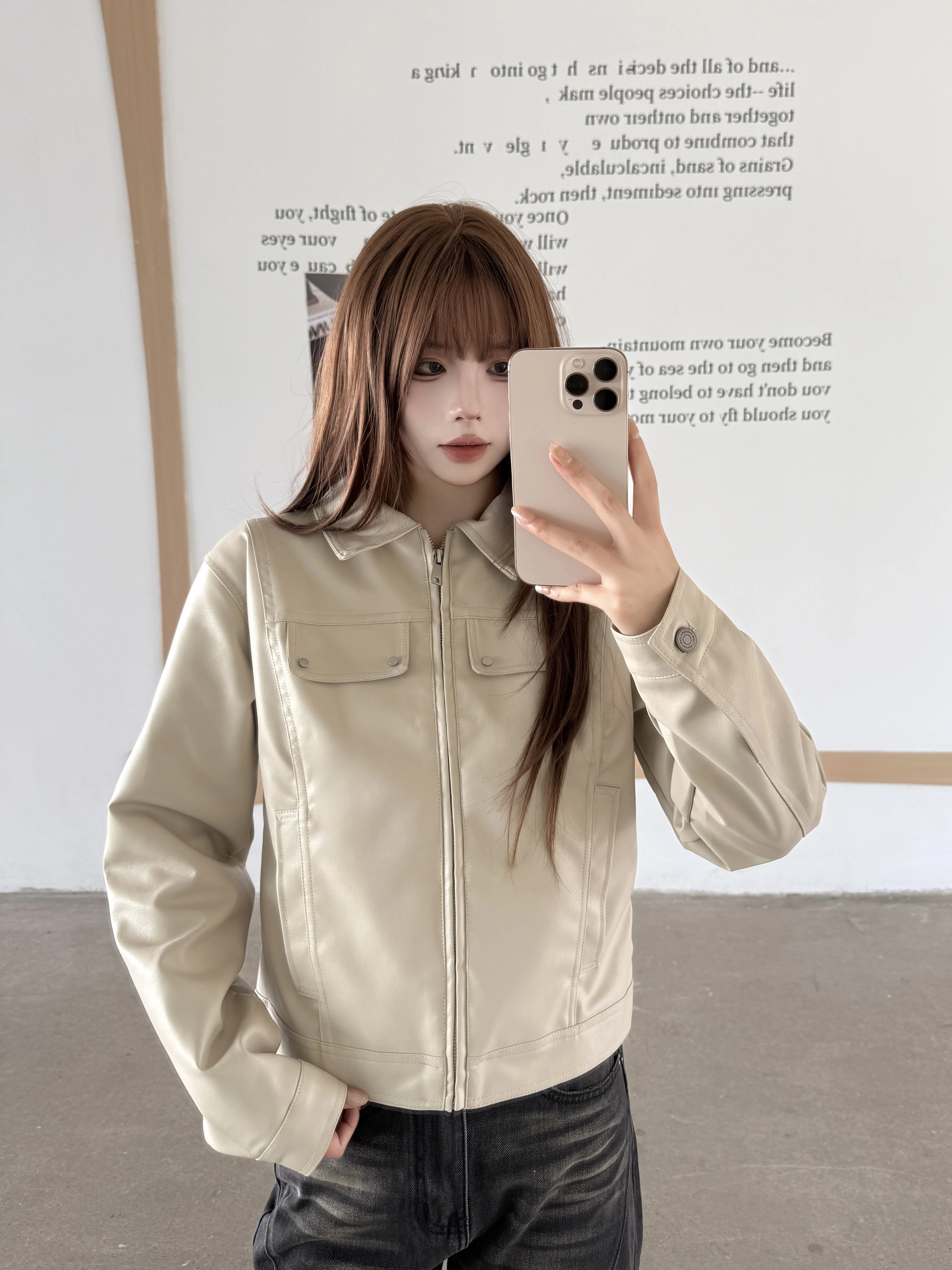

Women's Spring Autumn Long Sleeve Loose Pu Leather Jacket Lady Solid Color Turn Down Collar Zip Up Faux Leather Short Outwear