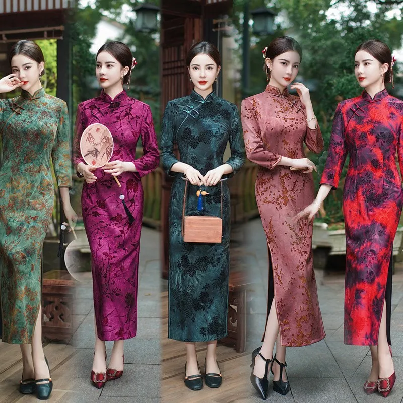 

Plus Size 5XL Women Autumn Winter New Cheongsam Dress Chinese Traditional Evening Wedding Banquet Dresses Long Velour Qipao