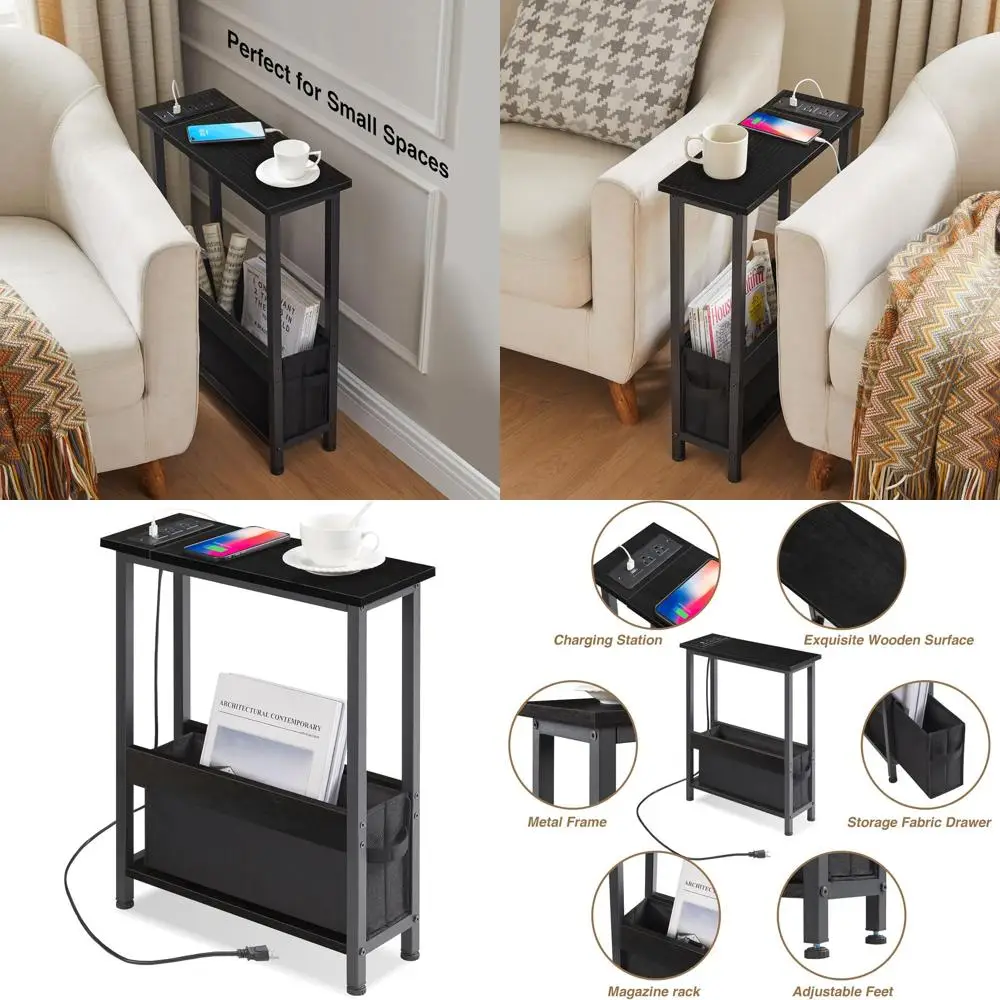 

Compact Black Charging End Table with Storage for Tight Spaces and Bedrooms