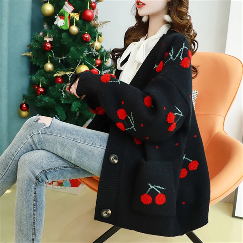 

Spring Autumn Fashion 3 Color Cherry Embroidery Knitted Cardigan Sweater Women Knitwear Jumper Ladies Big Pocket Knit Top Female