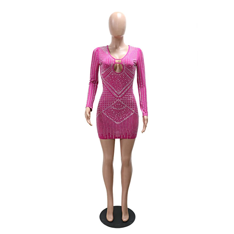 여성용 긴팔 오픈 바디콘 라인스톤 미니 파티 원피스, 생일 컷 아웃 다이아몬드, 섹시 슬림 나이트 클럽 원피스, 2024 가을