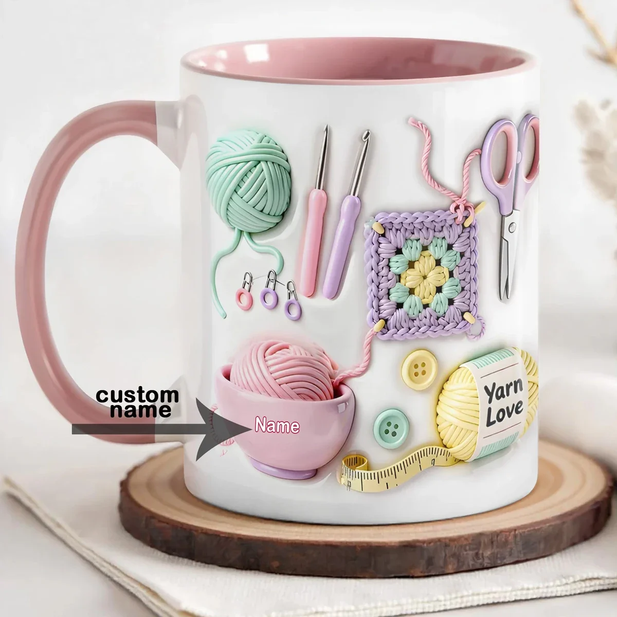 Personalized Knitting Pattern Coffee Cup - Engraved Name & Yarn Ball Logo - Gift for Fiber Artists