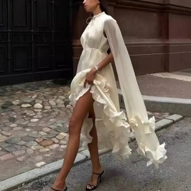 Women Elegant Shawl Style Long Dress With A Thin Gauze Shawl And Irregular Lotus Leaf Like Cascading Hem Skirt Fashionable Sexy