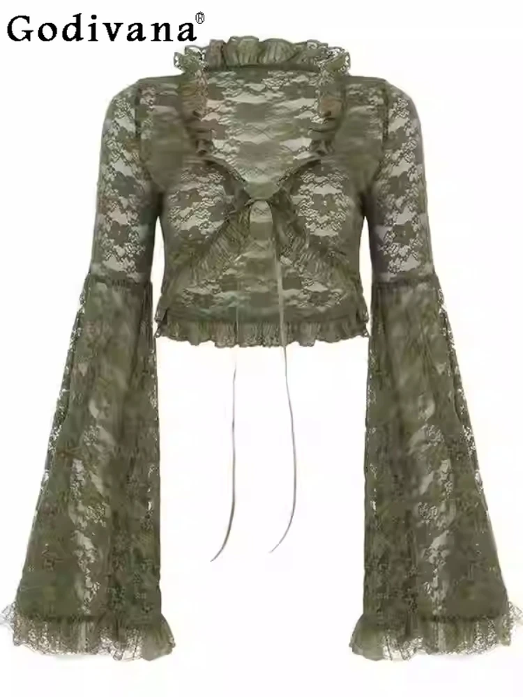 

Romantic V-neck Lace Splicing Long Flare Sleeve Sweet Lolita Blouse Y2k Sexy Versatile Super Short Sunscreen Lace-up Cardigan