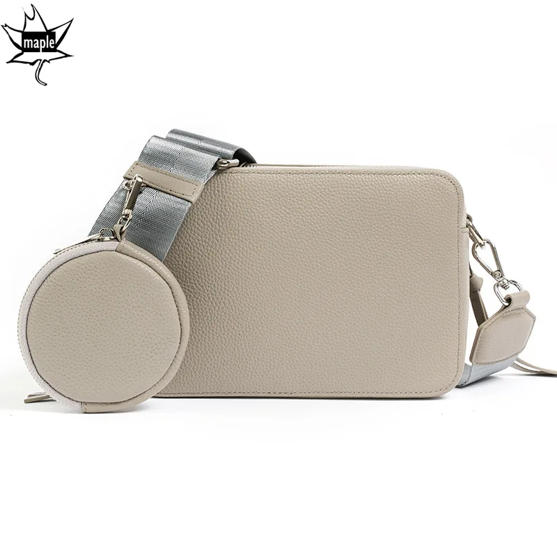 

Hot Sale 2 Straps Women Crossbody Bag with Round Coin Purse 100% Real Leather Female Shoulder Bag Small Grey Daily-use Purse