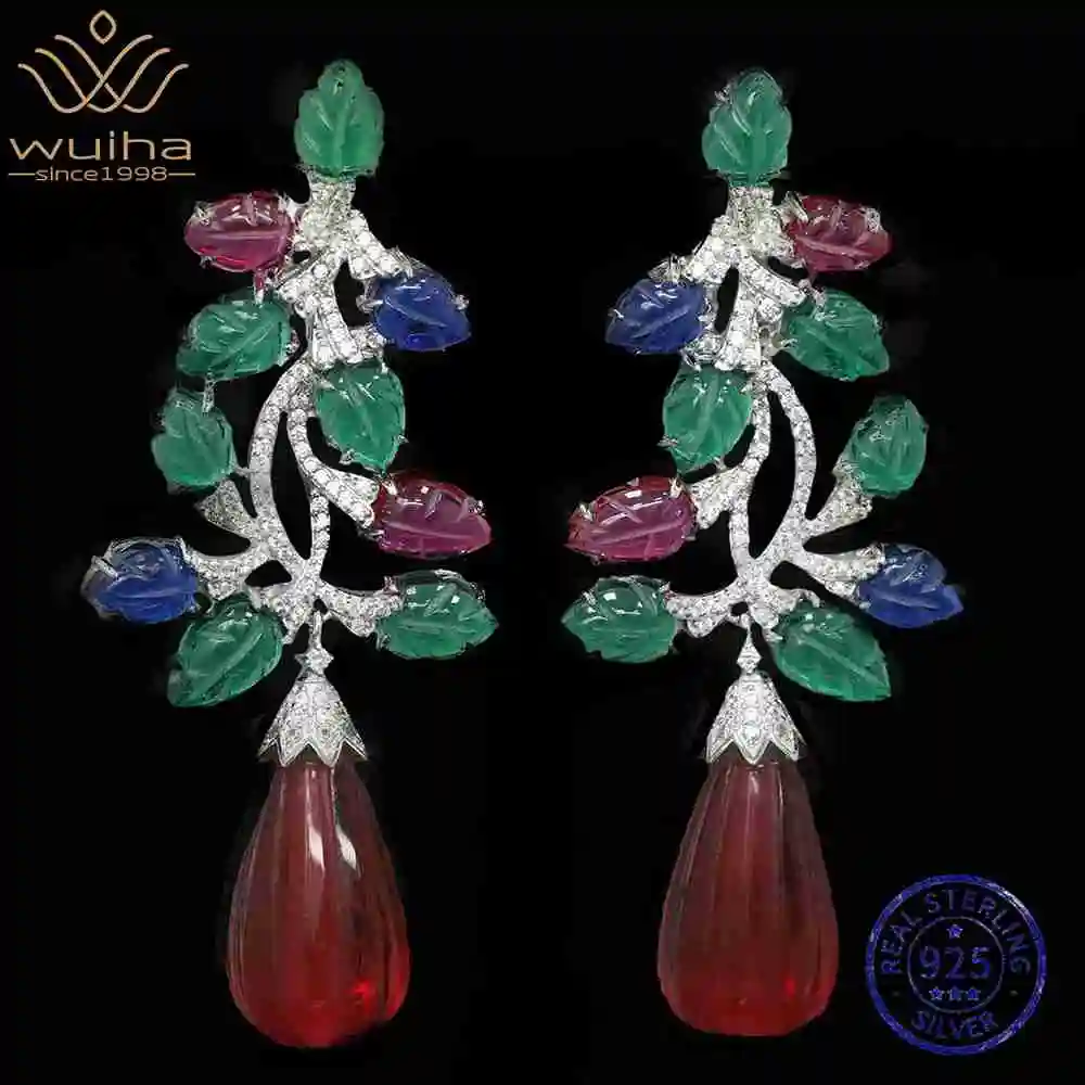 WUIHA Vintage 925 Sterling Silver Pear Cut Emerald Lab Sapphire Ruby Gemstones Drop Dangle Earrings Anniversary Fine Jewelry