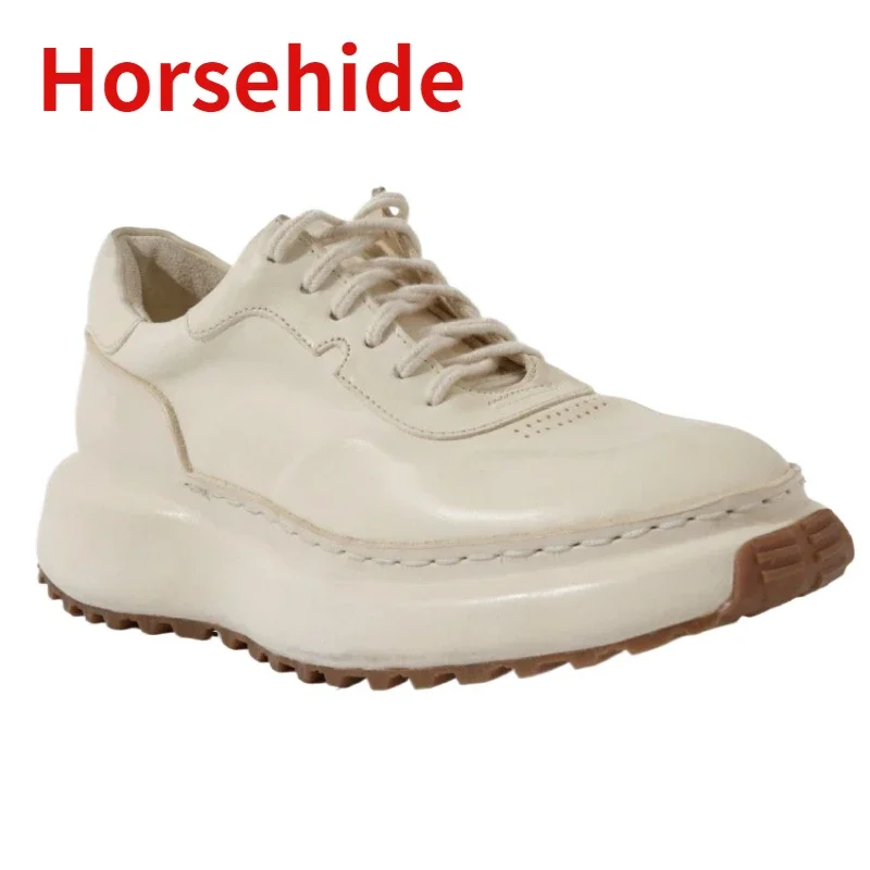 

Genuine Leather Breathable Comfortable Italian Style Horsehide Casual Dad Shoes for Men Washed Thick Platform Sports White Shoes