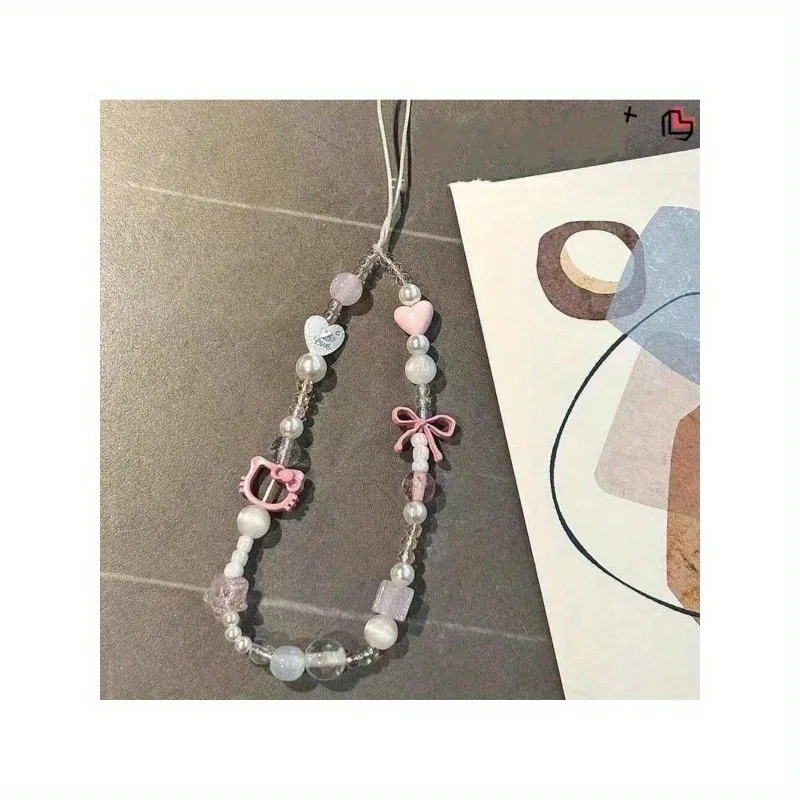 Cute Sanrio Hello Kitty Cat Pink Phone Chain Beaded Chain Keychain Jewelry Camera Hanging Rope Cartoon Kitty Phone Strap Gift