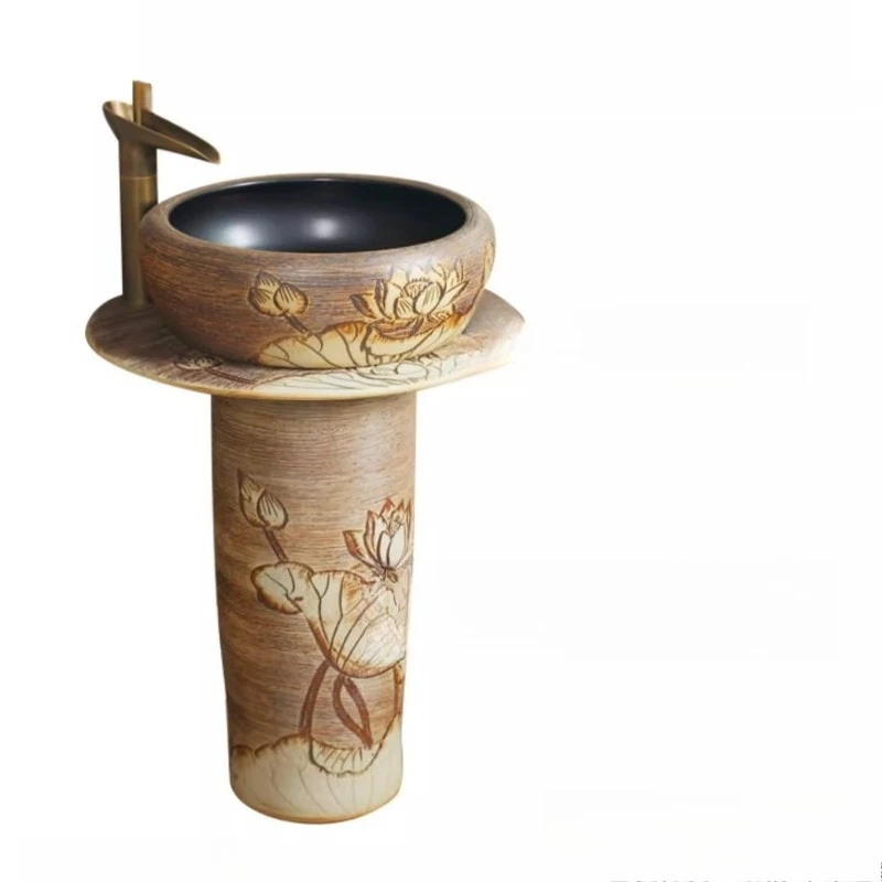 

Column type washbasin retro outdoor courtyard antique floor type household ceramic integrated vertical washbasin