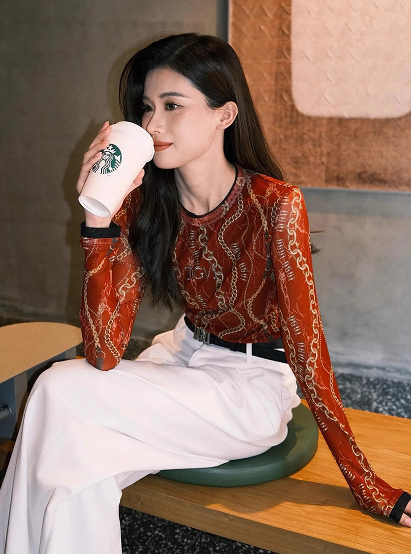 

Chic Red Printed Long Sve T-irt Wide Leg Pants Two Piece Set Spring Faion Women's Clothing round Ne French Sle