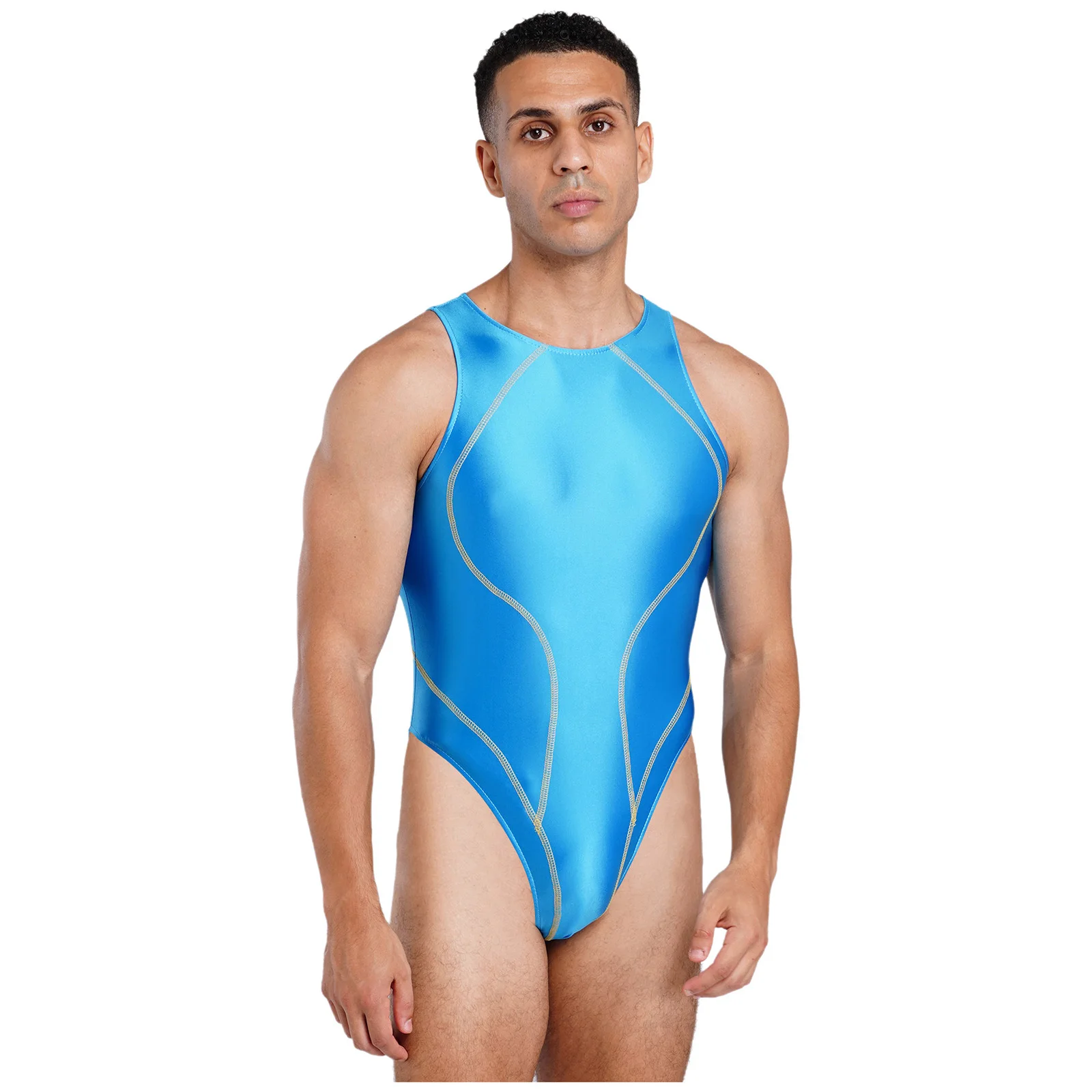 Herren-Lingerie Ölglänzender Einteiliger Badeanzug Farbblock-Nähte Ärmellos Hochgeschnittener Bodysuit Bademode – Detail 10