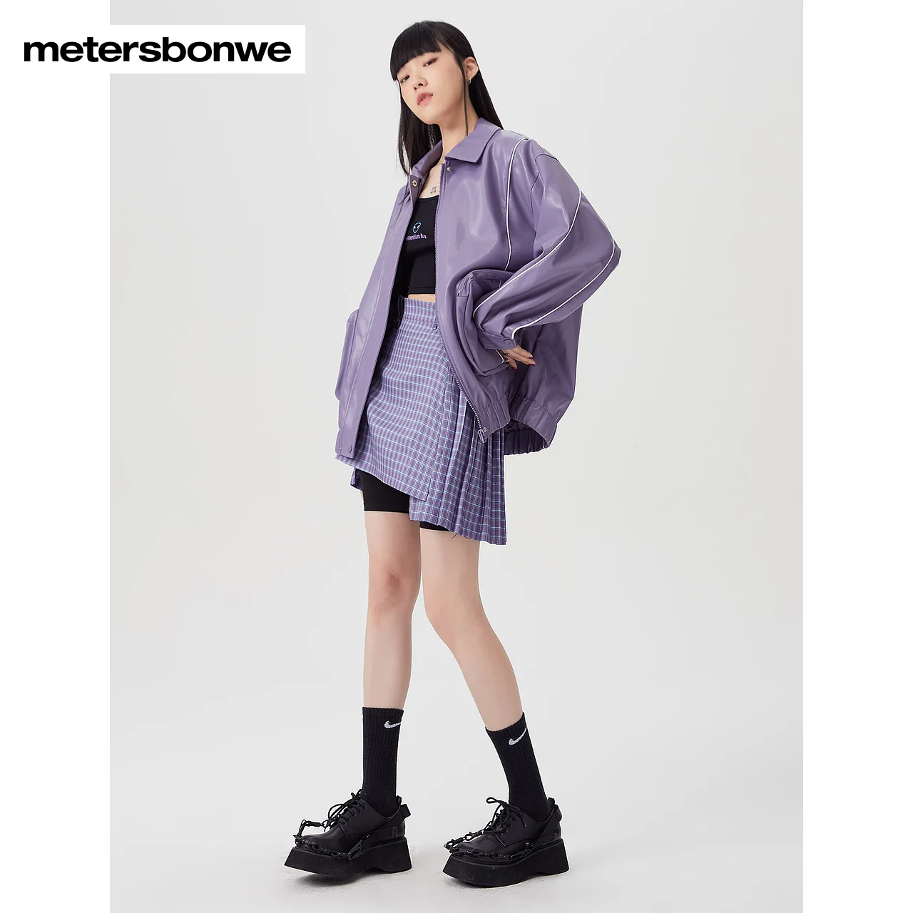 Metersbonwe-Women\'s PU Jacket Stylish Lapel Silhouette Coat Vintage Female Chic Lady Spring And Autumn