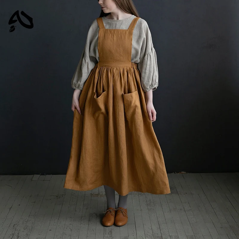 

Original Cotton Linen Chic Elegant Woman Dress Square Collar Back Cross French Style Overall Dress Holiday Beach Sundress
