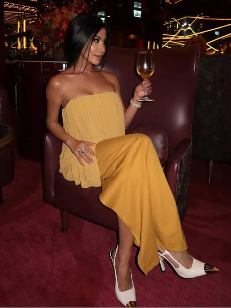 Mouwloze Ruches Patchwork Strapless Bodycon Maxi Jurk Vrouwen Sexy Backless Splice Outfit Party Clubwear Voor Jurken 2025