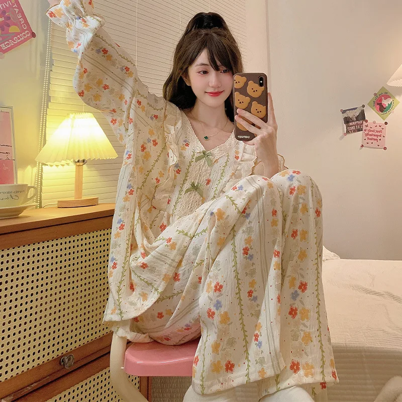 6XL 125kg Large Size Japanese Pajamas Women's Spring Sweet Princess Style Home Clothes Cloud Cotton Can Wear Outside Loungewear