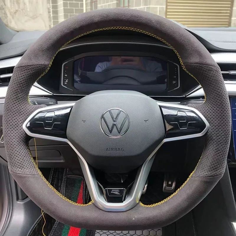 Hand-stitched non-slip Suede Car Steering Wheel Cover For Volkswagen VW Atlas Golf 8 Mk8 Jetta Sharan Passat B9 Tiguan 2020-2023