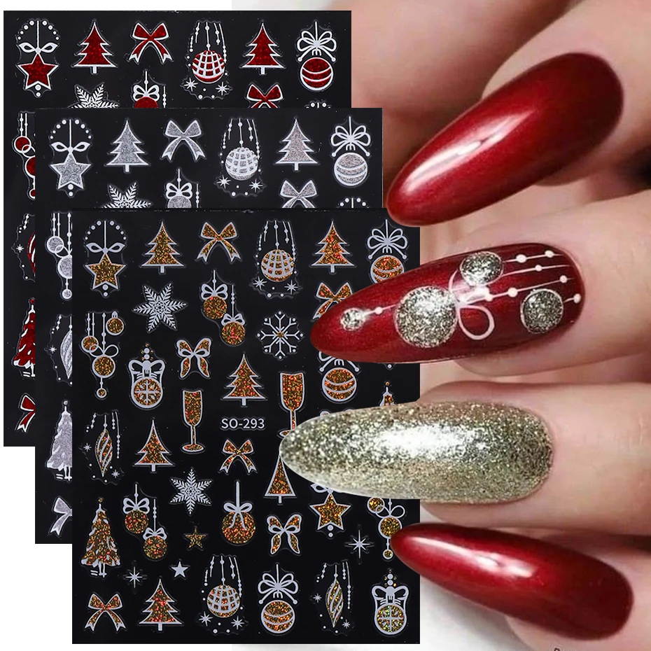 3 stücke Glitter Weihnachten Santa Claus 3D Nagel Aufkleber Weihnachten Baum Elch Schneeflocke Ball Bogen Klebe Aufkleber DIY Winter Maniküre decor