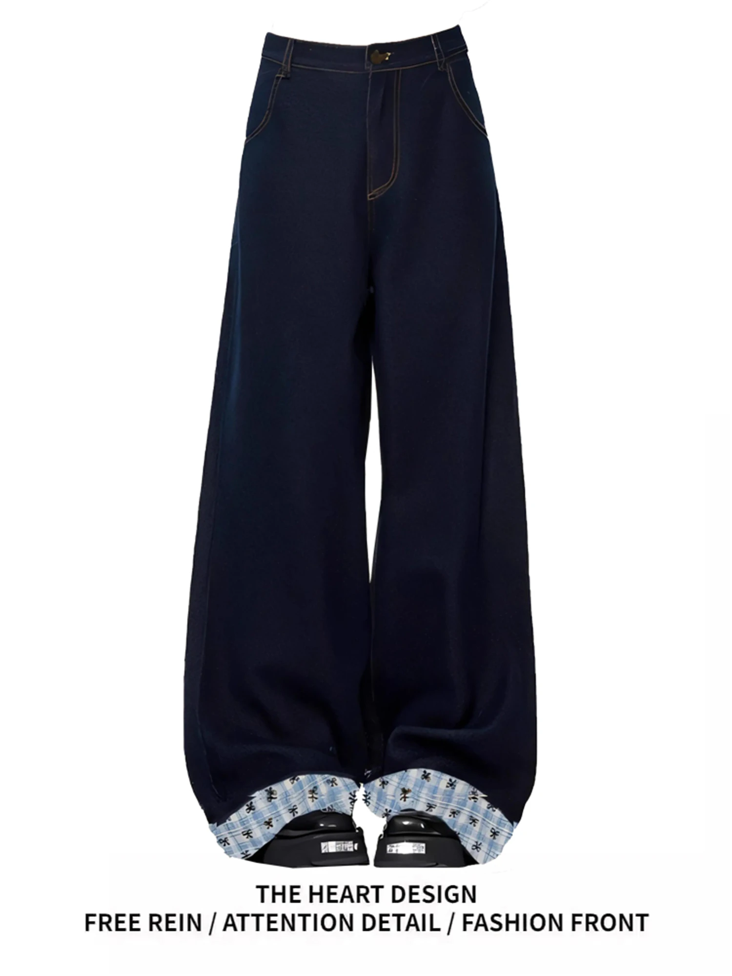 Women's Y2K Baggy Wide Leg Jeans High Waist Denim Pants with Plaid Cuffed Hem Streetwear Casual Loose Trousers