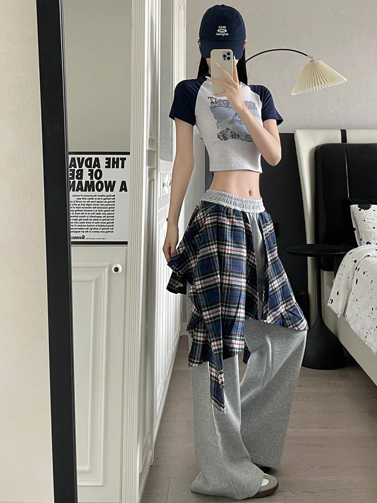 Damskie spodnie streetwear w stylu vintage, krata, imitacja dwóch warstw, patchworkowe, luźne, codzienne spodnie Harajuku, jednolite, z wysokim stanem, szerokie nogawki, nowość.