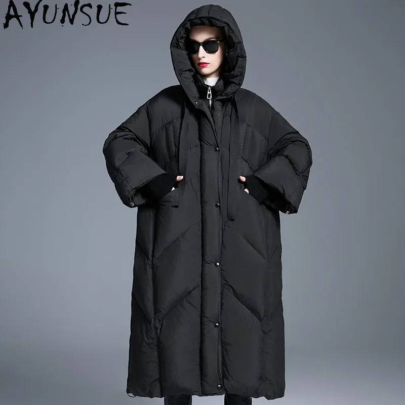 AYUNSUE White Duck Down Puffer Jacket Women 2024 Oversized Outerwears Long Down Coats Winter Warm Coat Womans Clothing Пуховики