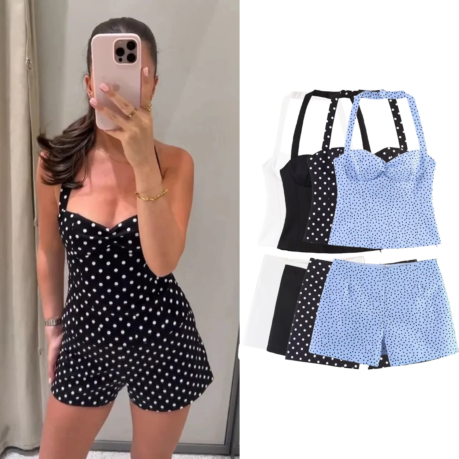Conjuntos de Shorts con Estampado de Puntos para Mujer o Tops Ajustados con Cuello Halter y Espalda Descubierta, Shorts Casuales con Cierre Lateral, Conjunto Chic para Dama