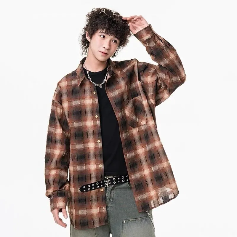 Autumn Fashion Mens Retro Plaid Shirt Cotton Long Sleeve Street Style High Street Fashion Loose Fit Grunge Look Casual Urban