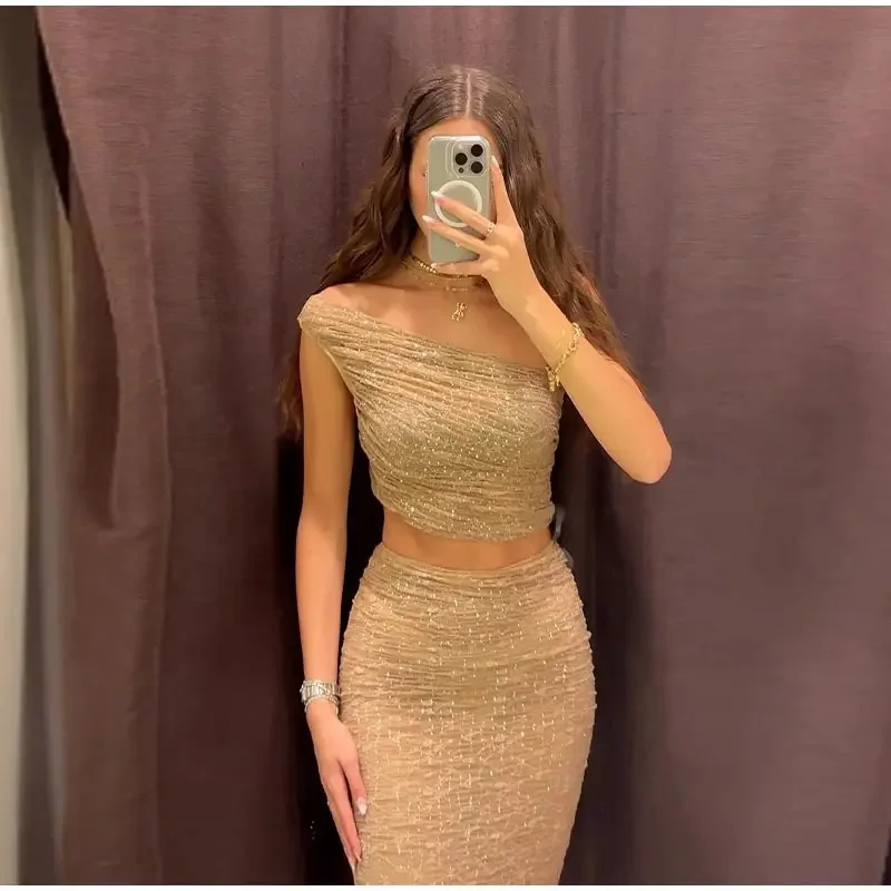 Elegant Glitter Pleated 2 Pieces Midi Skirt Set Women Fashion Oblique Shoulder  Cropped Top Suit 2024 New Sexy Chic Party Outfit