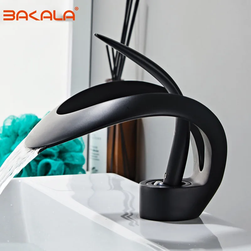 Black Bathroom Basin Taps Single Handle Waterfall Faucet Solid Brass Basin Mixer Taps Creative Hollowed Out Design Water Tap