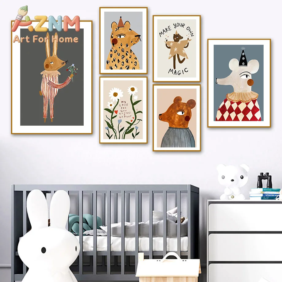 Leopard Rabbit Bear Tiger Mouse Rainbow Funny Posters Minimalist Print Canvas Painting Wall Art for Living Room Home Decor